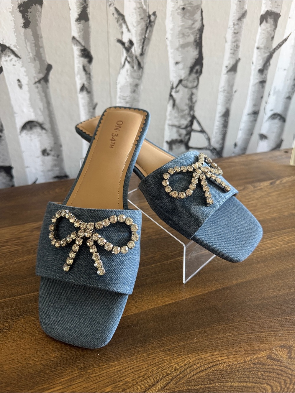 Denim Slide Sandals with Crystal Bow Accent - Blue